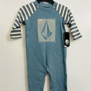 Volcom Blue and Cream Striped Kids One Piece with Matching Hat, Size 3-6M